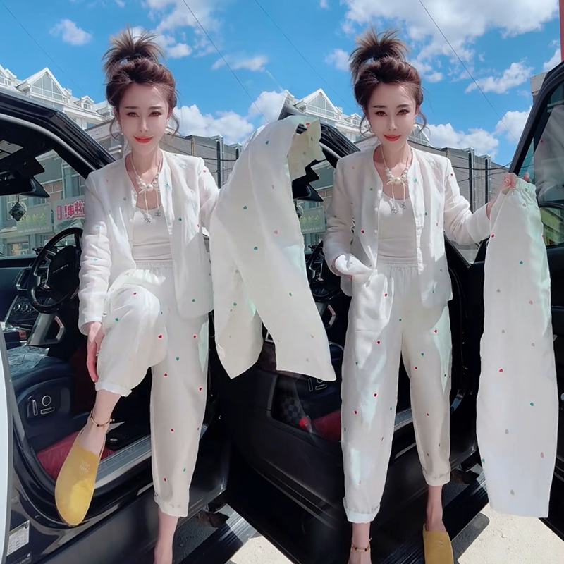 轻薄彩色刺绣爱心防晒服时尚套装女夏2025欧货爆款长袖外套哈伦裤,女装/女士精品,时尚套装,淘宝优惠券,粉丝福利购,淘宝优惠卷