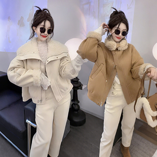 复古洋气加绒加厚仿皮毛一体外套女2026冬季 保暖羊羔毛机车服 新款
