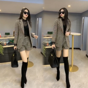 两件套装 2026春秋新款 呢子短裤 时尚 千鸟格西服毛呢大衣外套女修身