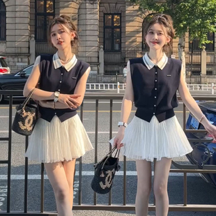 套装 新款 韩系学院风甜美减龄时尚 女夏季 背心百褶裙两件套 修身 无袖