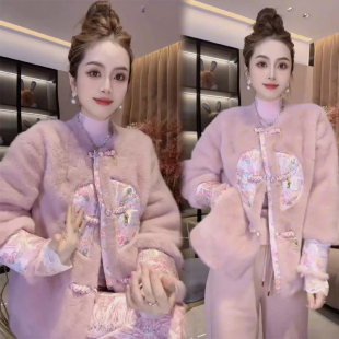 2026冬季 唐装 中式 国潮民族风仿皮草水貂皮大衣女圆领毛毛外套 新款