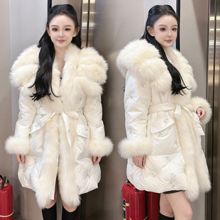 2026冬季新款狐狸毛大毛领中长款羽绒服女士修身收腰显瘦通勤外套
