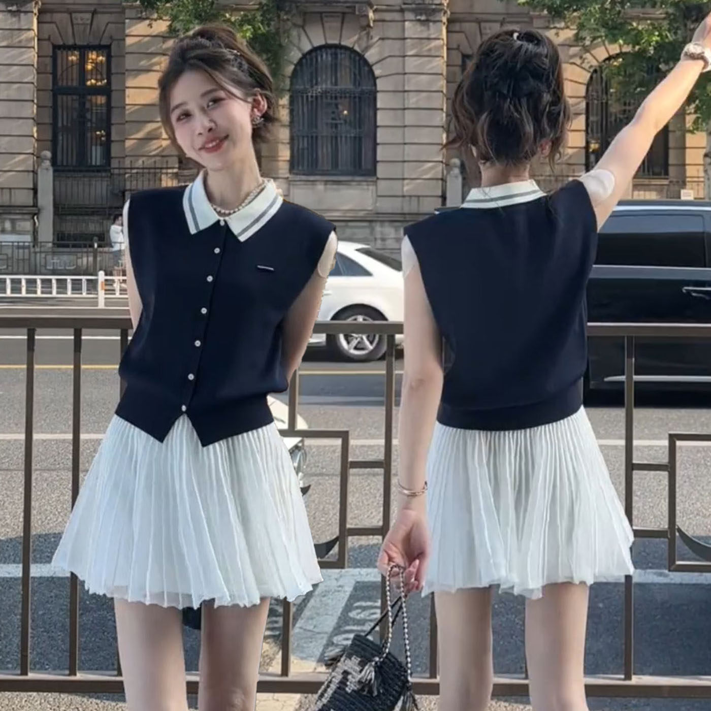 学院风甜美减龄时尚套装女韩系风POLO领无袖背心上衣半身裙两件套