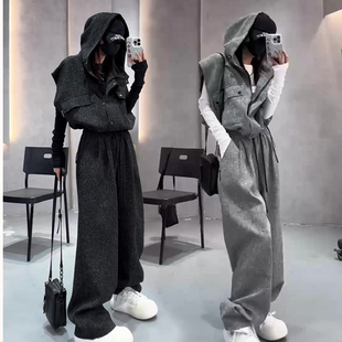 连帽马甲直筒阔腿裤 欧货时尚 无袖 女春秋新款 两件套潮 休闲运动套装
