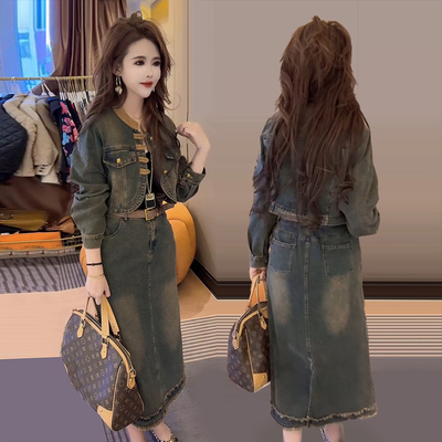 中式国潮风牛仔套装裙盘扣两件套