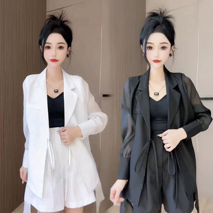 新款 外套短裤 雪纺防晒时尚 女宽松微透西装 西服两件套 套装 欧货夏季
