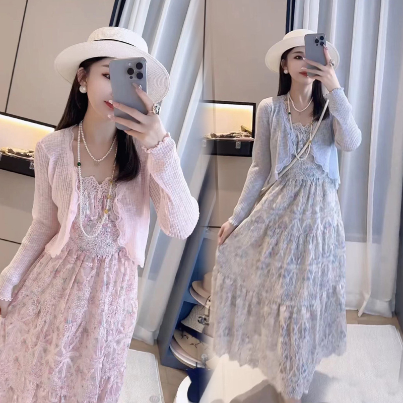 温柔甜美碎花裙套装女2025夏季新款防晒长袖开衫收腰连衣裙两件套