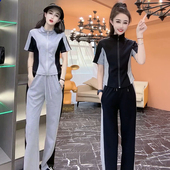 显瘦百搭阔腿裤 欧货2026夏季 女拼色修身 休闲运动服套装 两件套 短袖