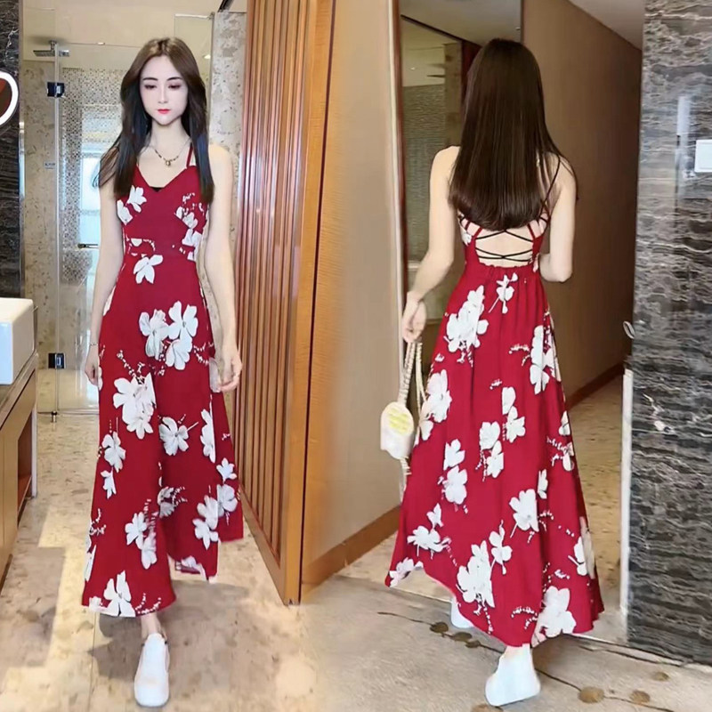 2025年夏季新款韩版时尚长款大摆连衣裙女高腰V领花裙子仙气飘飘,女装/女士精品,连衣裙,淘宝优惠券,粉丝福利购,淘宝优惠卷