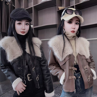 2025冬新款韩版加绒厚皮衣短外套女大毛领保暖时尚PU皮毛一体夹克