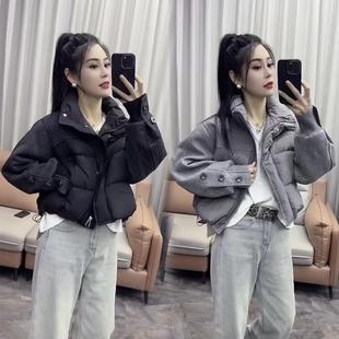欧洲站时尚立领短款棉服外套女秋冬2025新款毛呢拼接棉衣加厚上衣