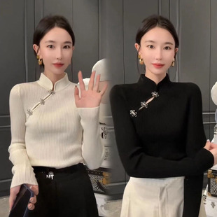 欧洲站2026秋冬新款中式国潮风立领针织打底衫修身T恤女盘扣毛衣