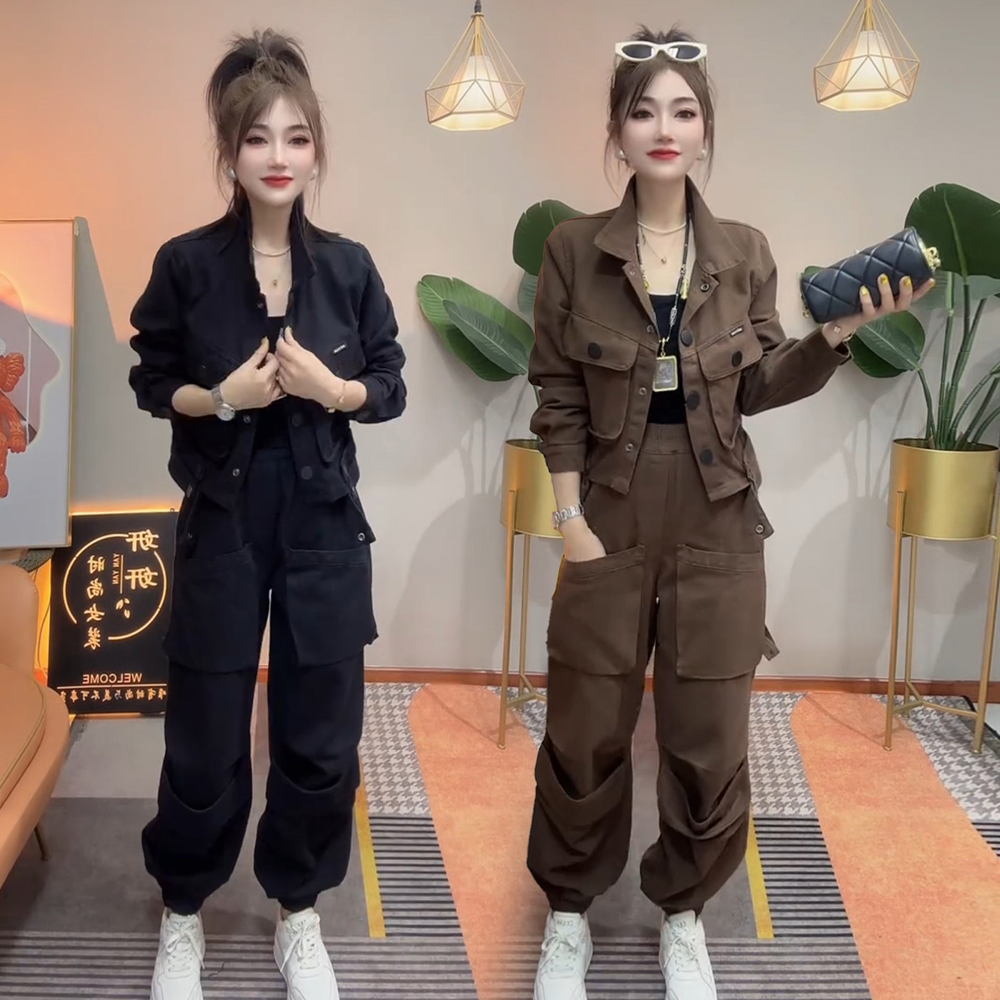 2025春秋季新款复古牛仔套装女休闲翻领短款外套哈伦工装裤两件套,女装/女士精品,时尚套装,淘宝优惠券,粉丝福利购,淘宝优惠卷