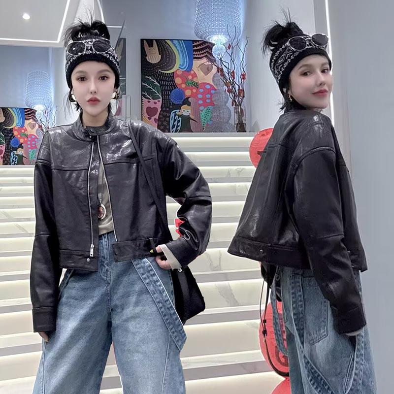 春秋季爆款皮衣外套女欧货2025年高级感立领潮流简约短款夹克上衣