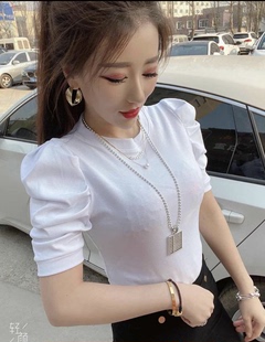 修身 净版 韩版 体恤时尚 夏季 半袖 网红新款 女打底衫 纯色T恤泡泡短袖