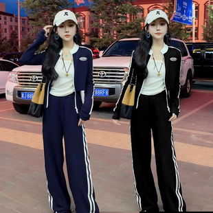 2025春秋新款休闲运动服套装女洋气减龄显瘦棒球服阔腿裤两件套