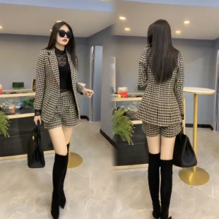 短裤 2026春秋季 呢子套装 千鸟格毛呢小西服外套女修身 两件套潮 新款
