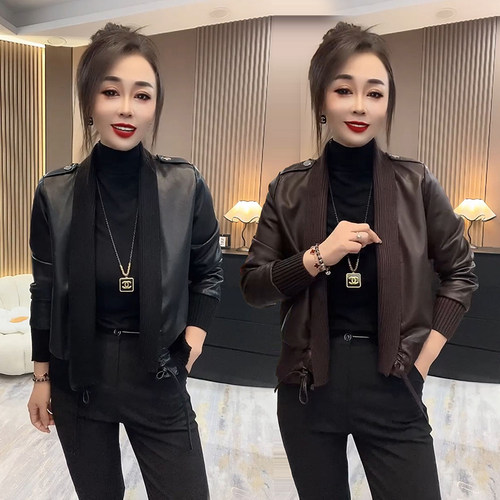 PU皮皮夹克外套毛巾领皮上衣宽松