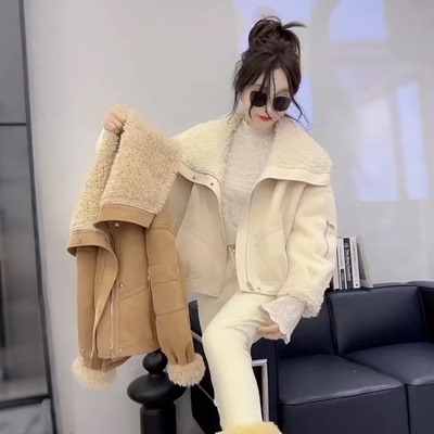 冬季仿鹿皮绒皮毛一体短外套