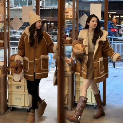 加绒鹿皮绒拼接羊羔毛皮毛一体女