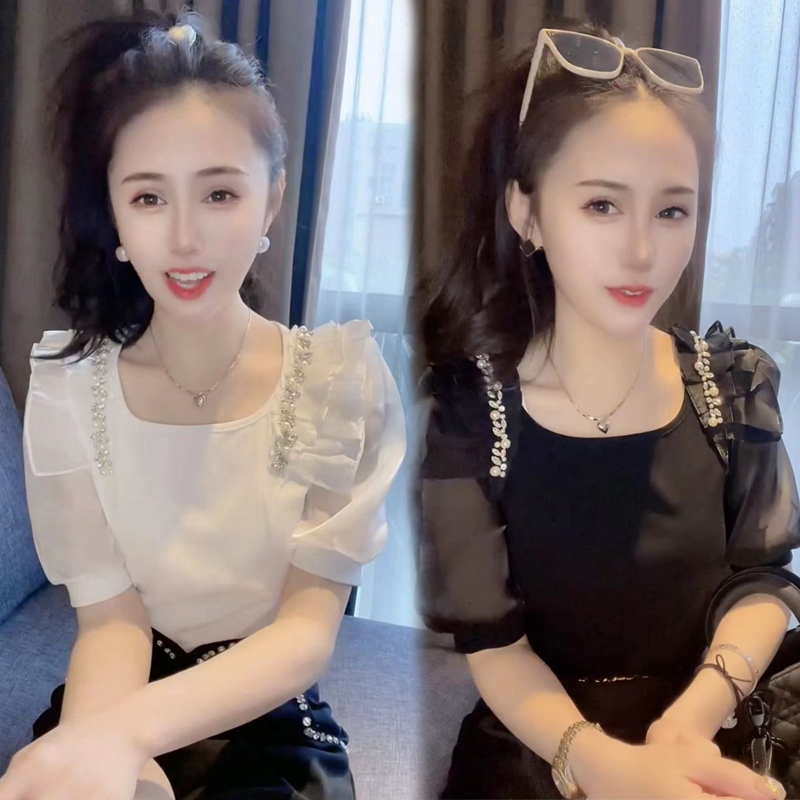 欧货2025年夏季新款韩版短袖上衣T恤女重工镶钻荷叶边泡泡袖半袖,女装/女士精品,T恤,淘宝优惠券,粉丝福利购,淘宝优惠卷