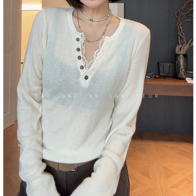 【梨花香】韩系长袖纯色拼接蕾丝显瘦秋冬针织衫打底衫