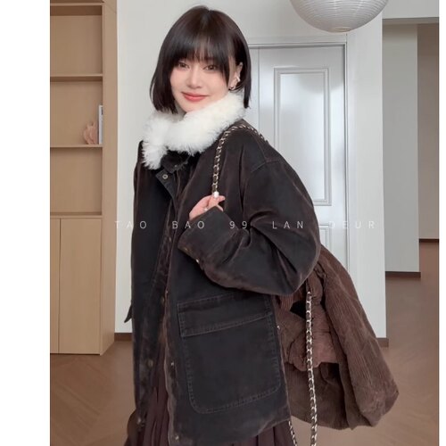 【自由旅人】巴恩风拼接毛绒翻领加厚鹅绒服冬季外套女