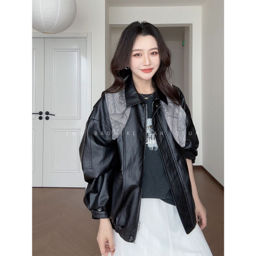 REVE【莫惊春】高级感复古百搭翻领皮衣外套机车服皮夹克