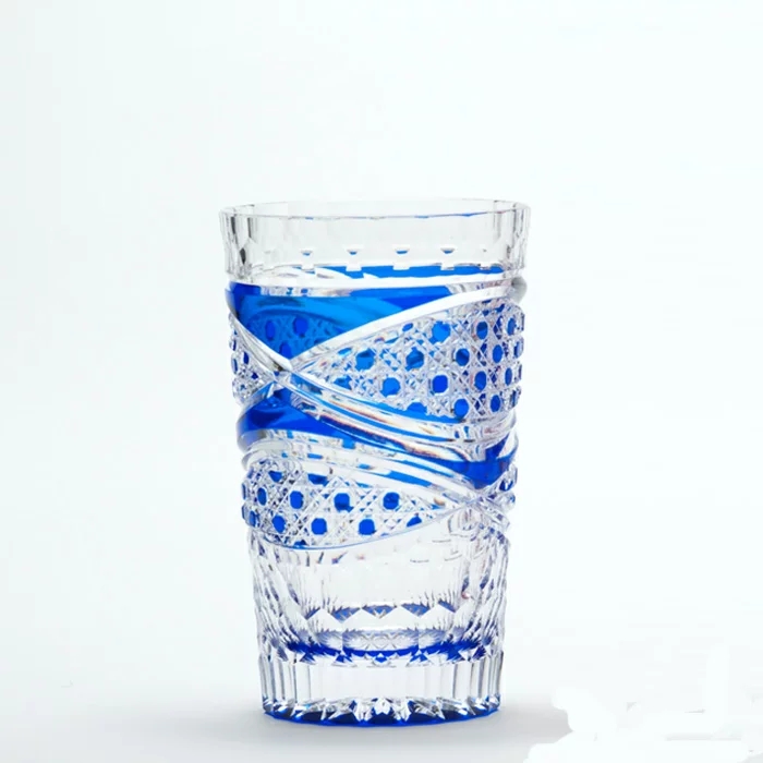 日本制彩凤江户切子斜轮菱八角笼眼纹宝石蓝水晶杯啤酒杯果汁杯
