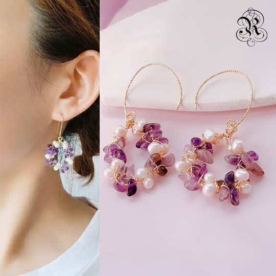 现货日本RUKA瑠夏水晶淡水珍珠女士耳环cosplay个性花环薰衣草紫