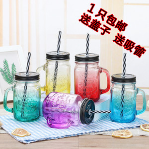 渐变色公鸡杯带盖创意梅森吸管杯玻璃杯成人水杯果汁饮料杯马克杯