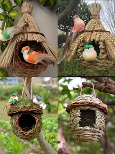 鸟窝鸟巢小鸟用品鸟笼草编户外田园花园庭院仿真装饰品农家乐挂件