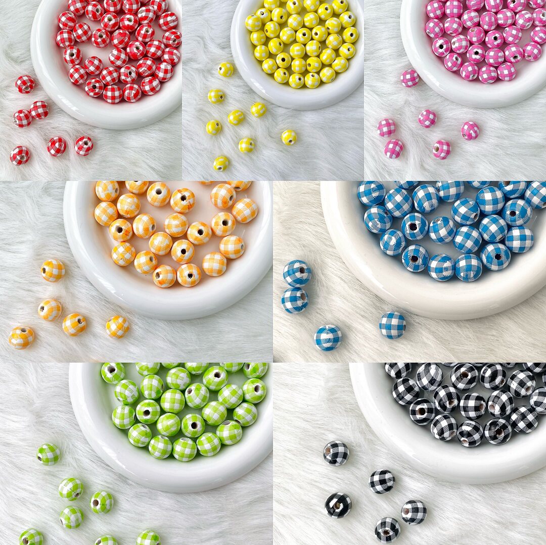 16mm格纹木珠 彩色串珠圆珠diy手机壳手提链配件材料格子木珠散珠