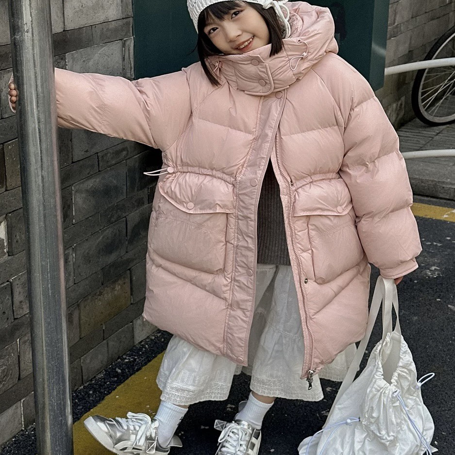 韩版中长款女童羽绒服加厚白鸭绒连帽保暖洋气中大童外套