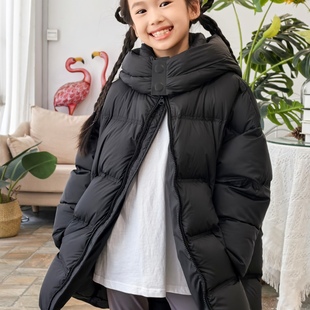 断码特价~儿童90白鸭绒羽绒服女童加厚连帽中长款黑色面包服保暖