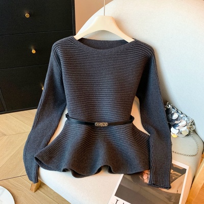 韩系慵懒风高级感配腰带一字肩针织上衣女秋冬轻熟御姐风收腰毛衣