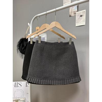 东大门秋冬新款韩版压褶荷叶边拼接半身裙加厚毛呢高级感a字短裙
