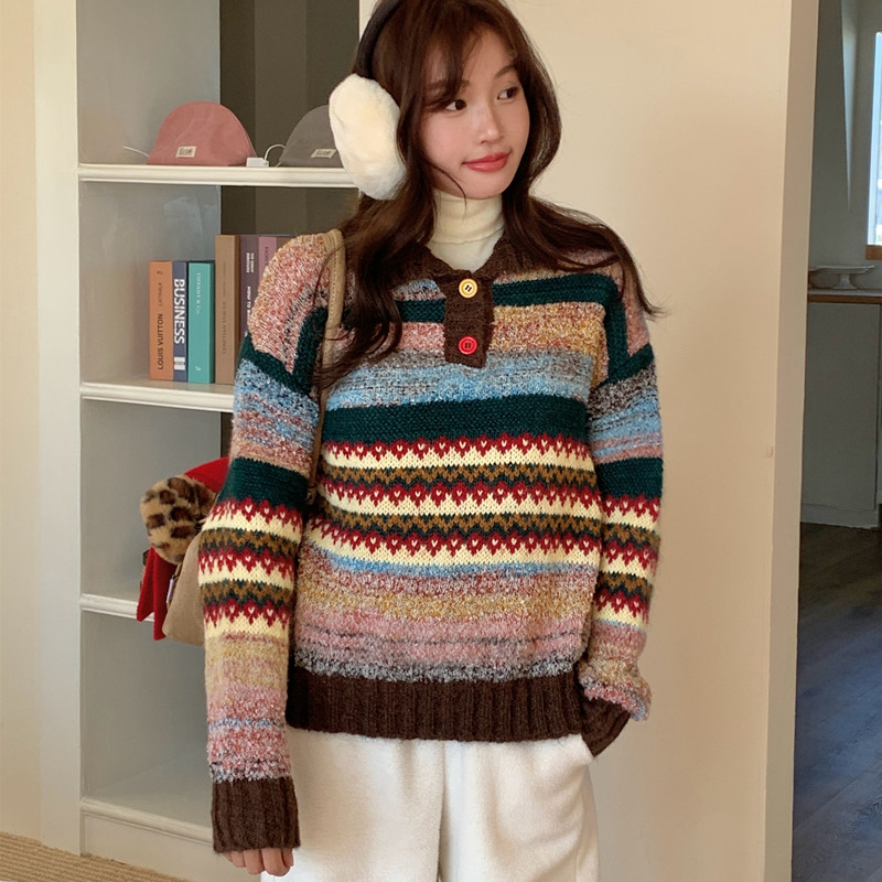 韩国东大门新款少女感复古彩色条纹纽扣翻领长袖毛衣宽松针织衫