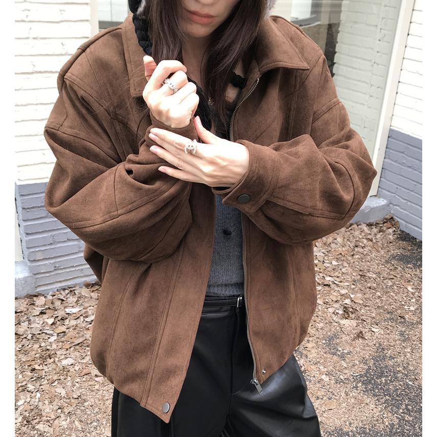 韩国东大门美拉德色系复古翻领拉链鹿皮绒外套宽松大版型夹克上衣