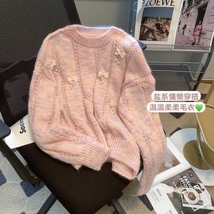 东大门软糯温柔毛衣女甜美文艺针织慵懒风麻花套头蝴蝶结圆领上衣