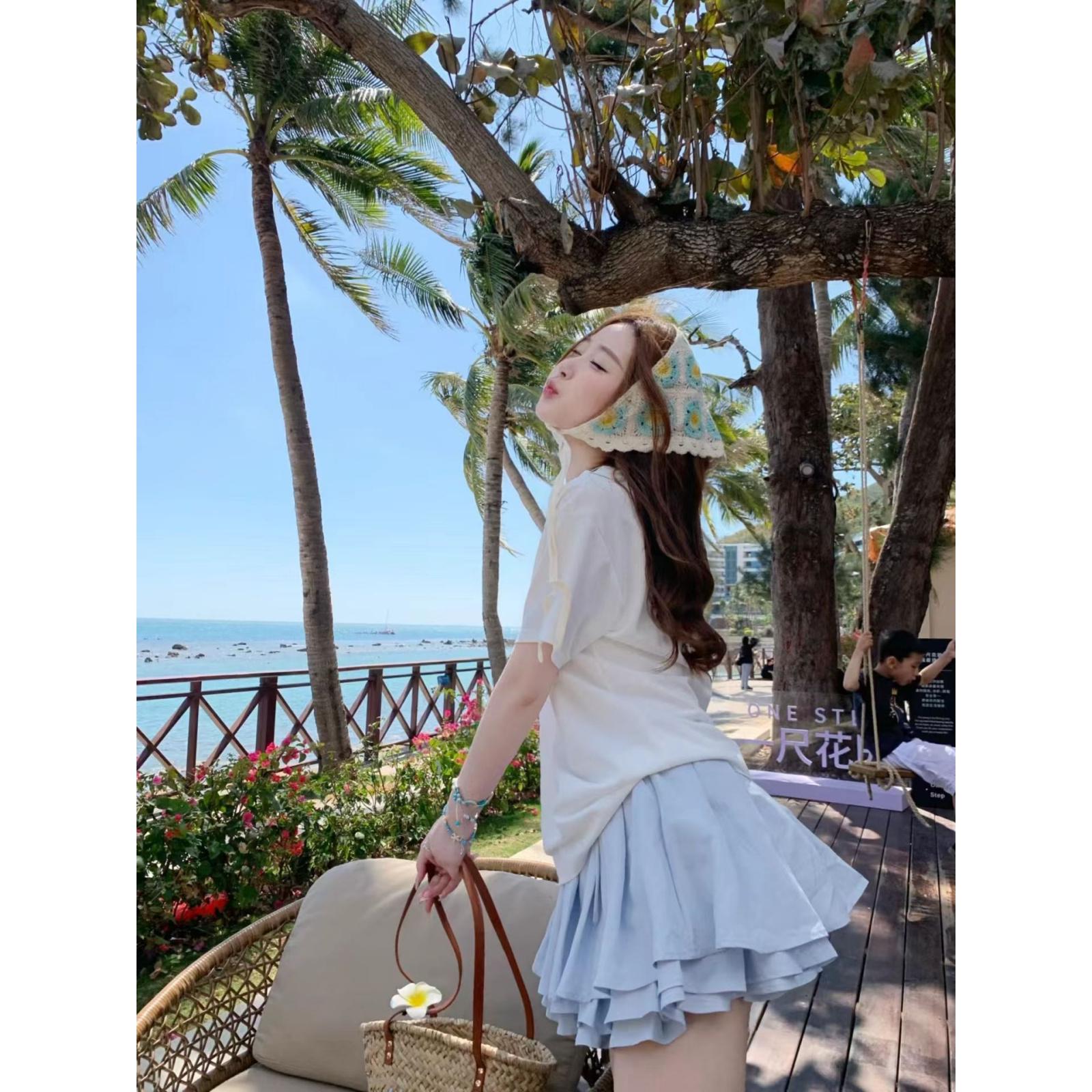 夏季新款韩系ins层层设计肌理感蛋糕半身裙甜美蝴蝶结系带a字短裙