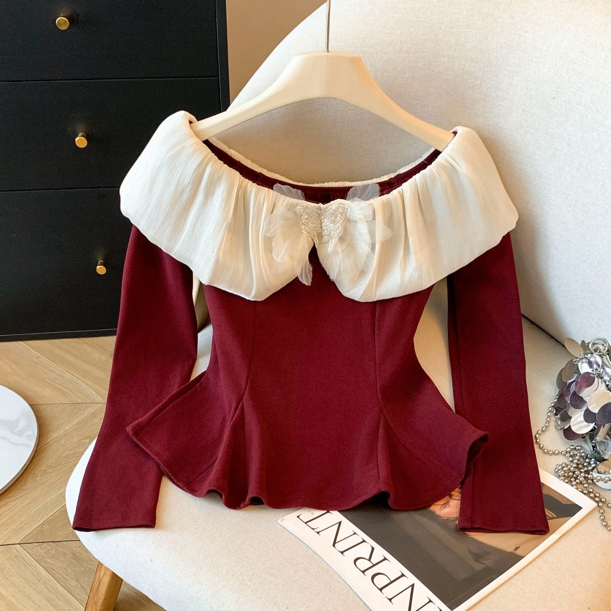 东大门小香风荷叶边长袖t恤女春季纯欲ins一字肩绝美内搭外穿上衣,女装/女士精品,T恤,淘宝优惠券,粉丝福利购,淘宝优惠卷