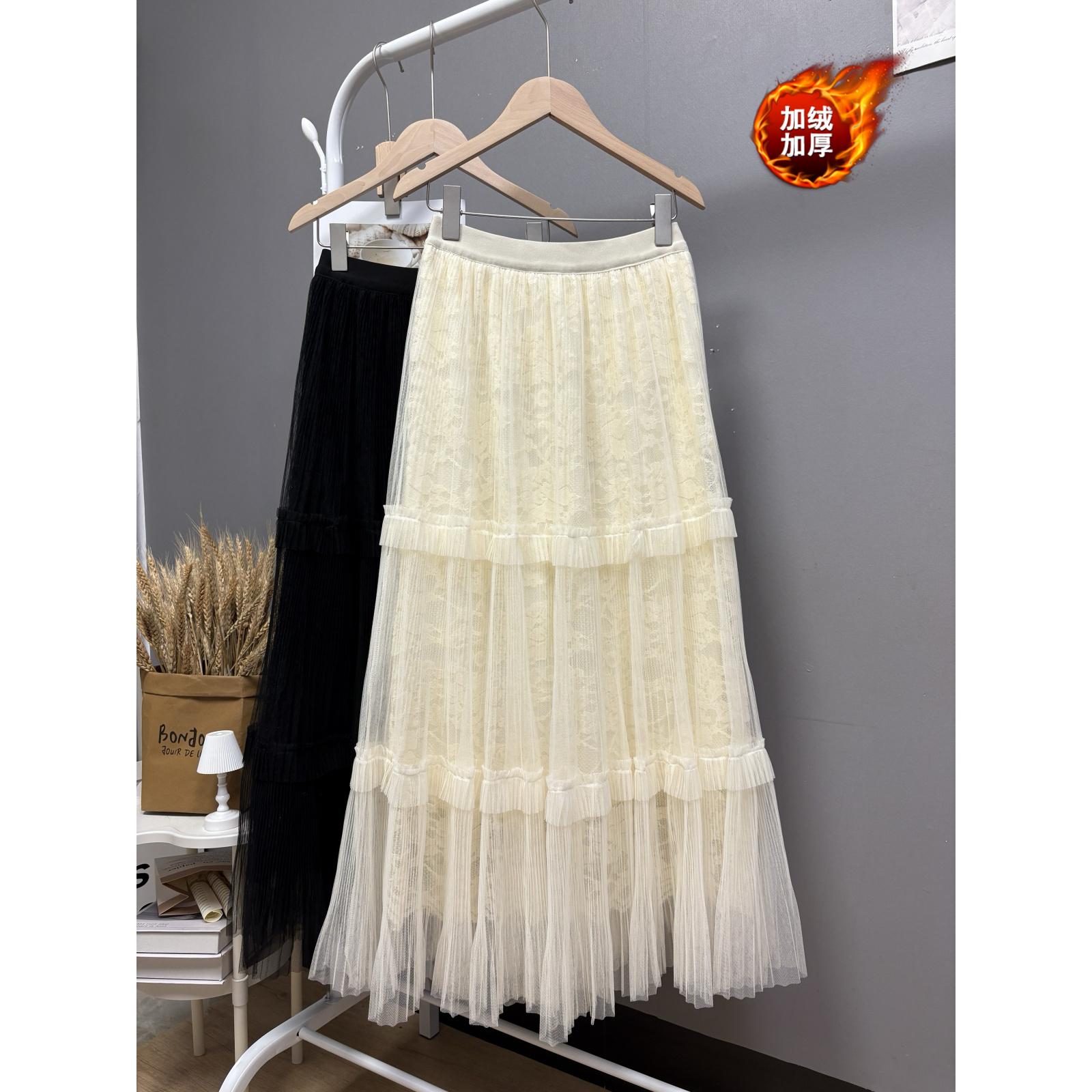 东大门秋冬新款重工蕾丝纱裙加绒加厚垂坠感花边半身裙长款蛋糕裙