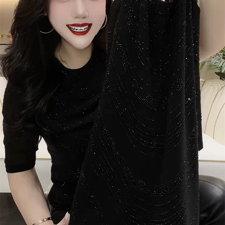 百搭圆领五分袖黑色上衣女烫钻蕾丝网纱T恤衫打底衫法式修身小衫