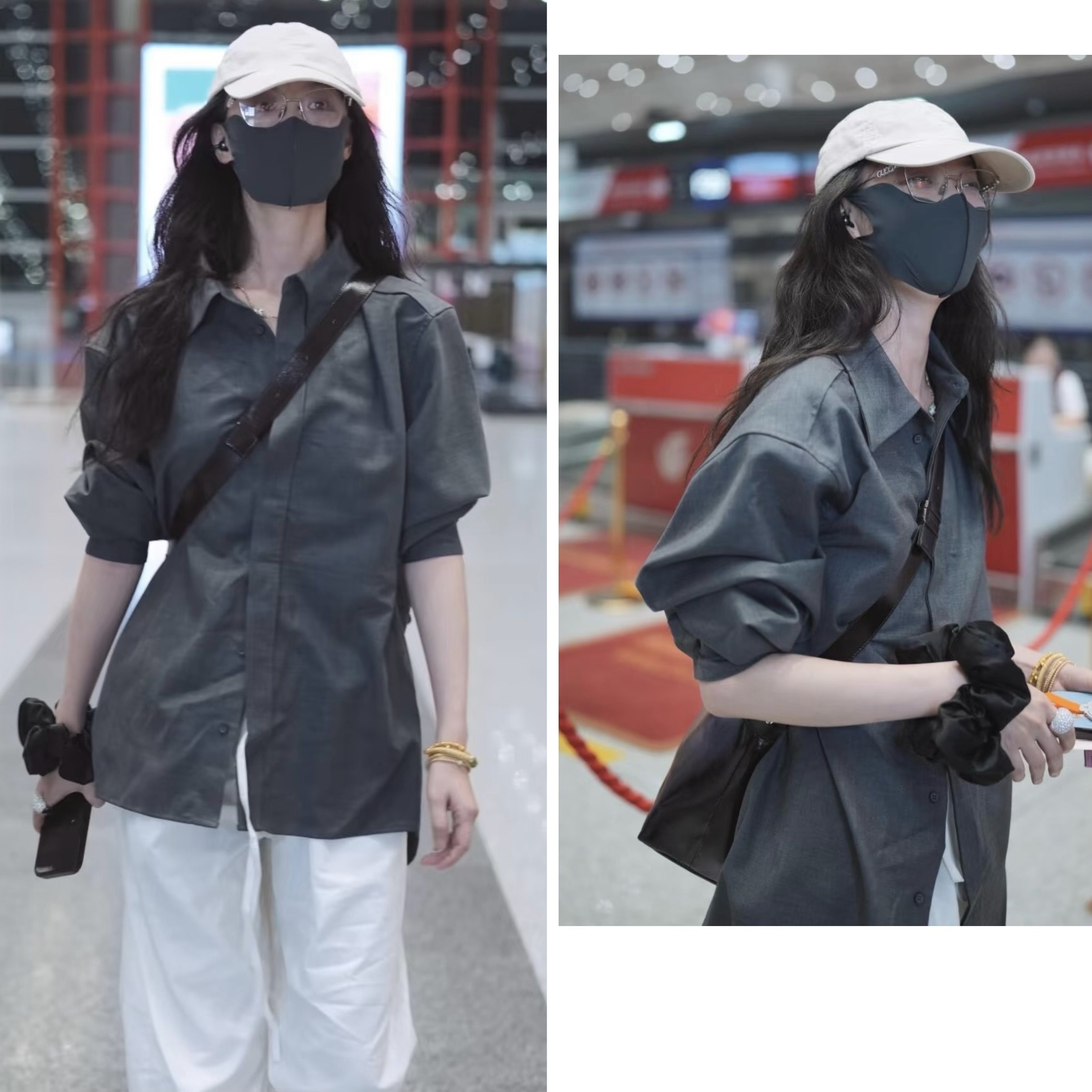 明星同款倪妮灰色长袖衬衫女2025年早秋新款设计感小众宽松上衣