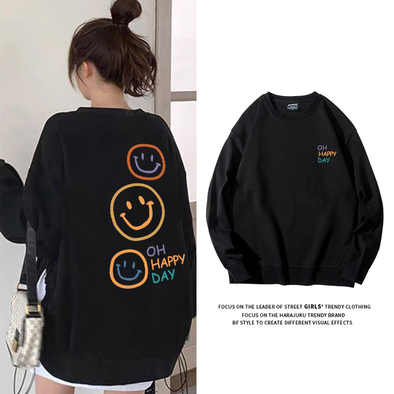 黑色圆领无帽卫衣加绒加厚chic风