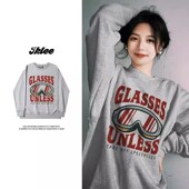 美式 复古印花灰色圆领卫衣女秋冬加绒加厚宽松慵懒风无帽长袖 上衣