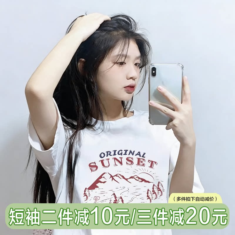 日系古着小众设计感印花白色纯棉短袖t恤女宽松小个子正肩体恤