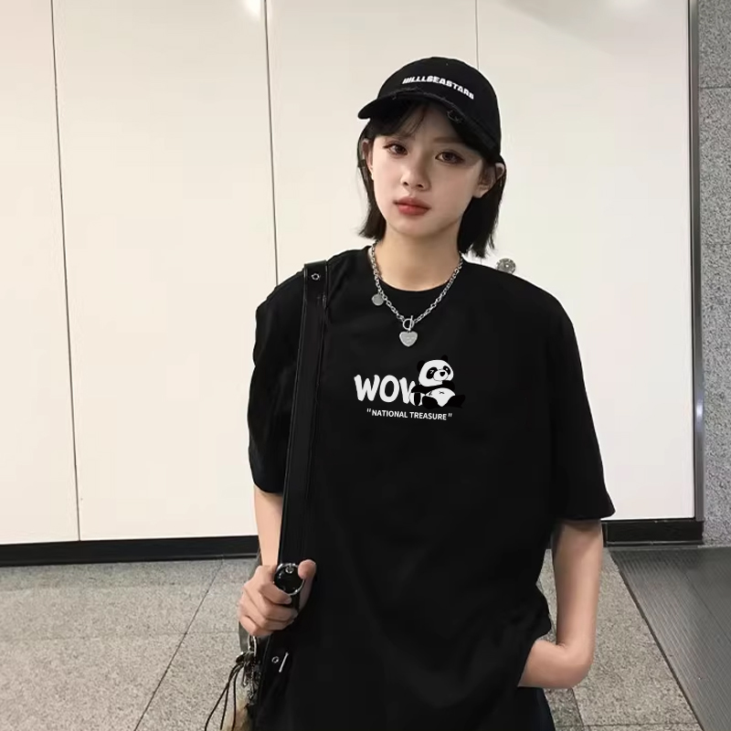 jktee韩系校园风甜妹百搭黑色正肩t恤女短袖宽松通勤纯棉打底衫