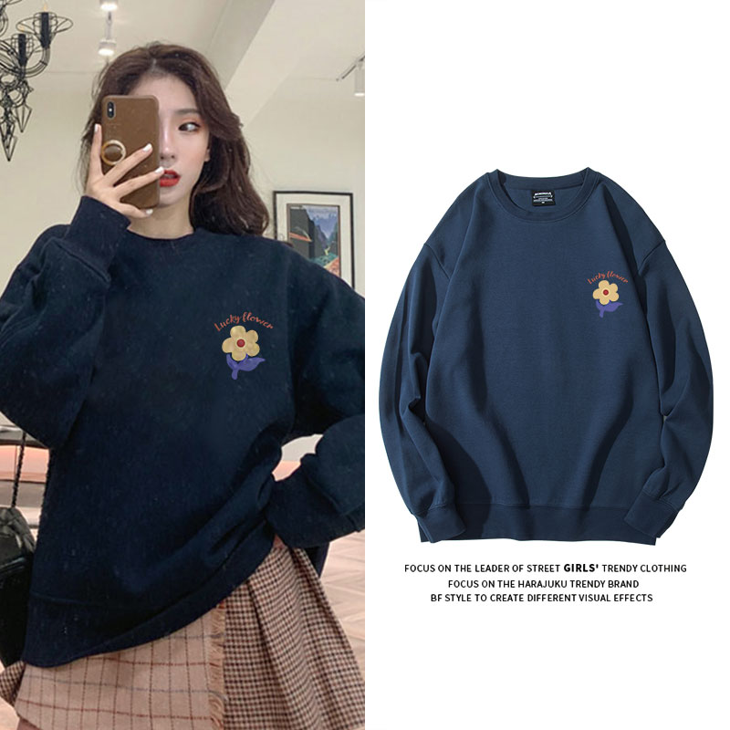 蓝色套头薄款chic风秋季圆领卫衣